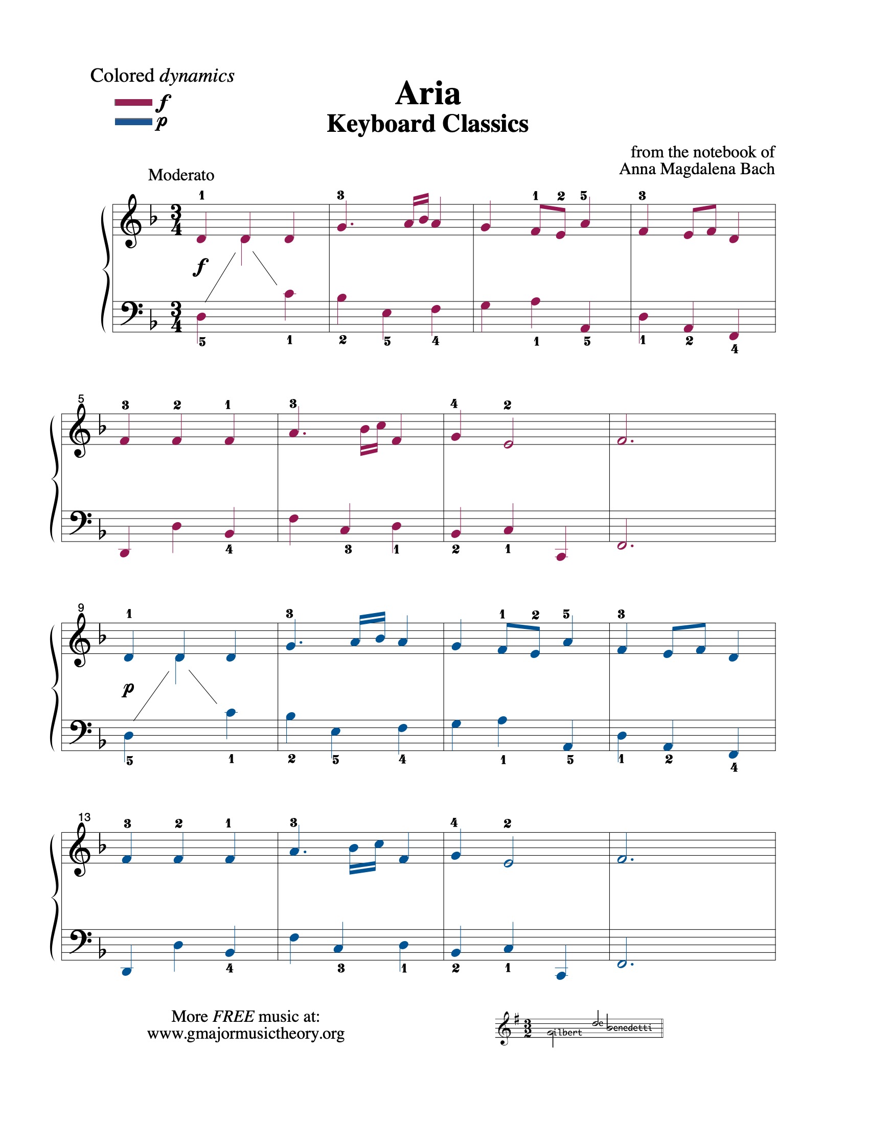 Aria --from the Notebook of A.M. Bach sheet music (color-coded)