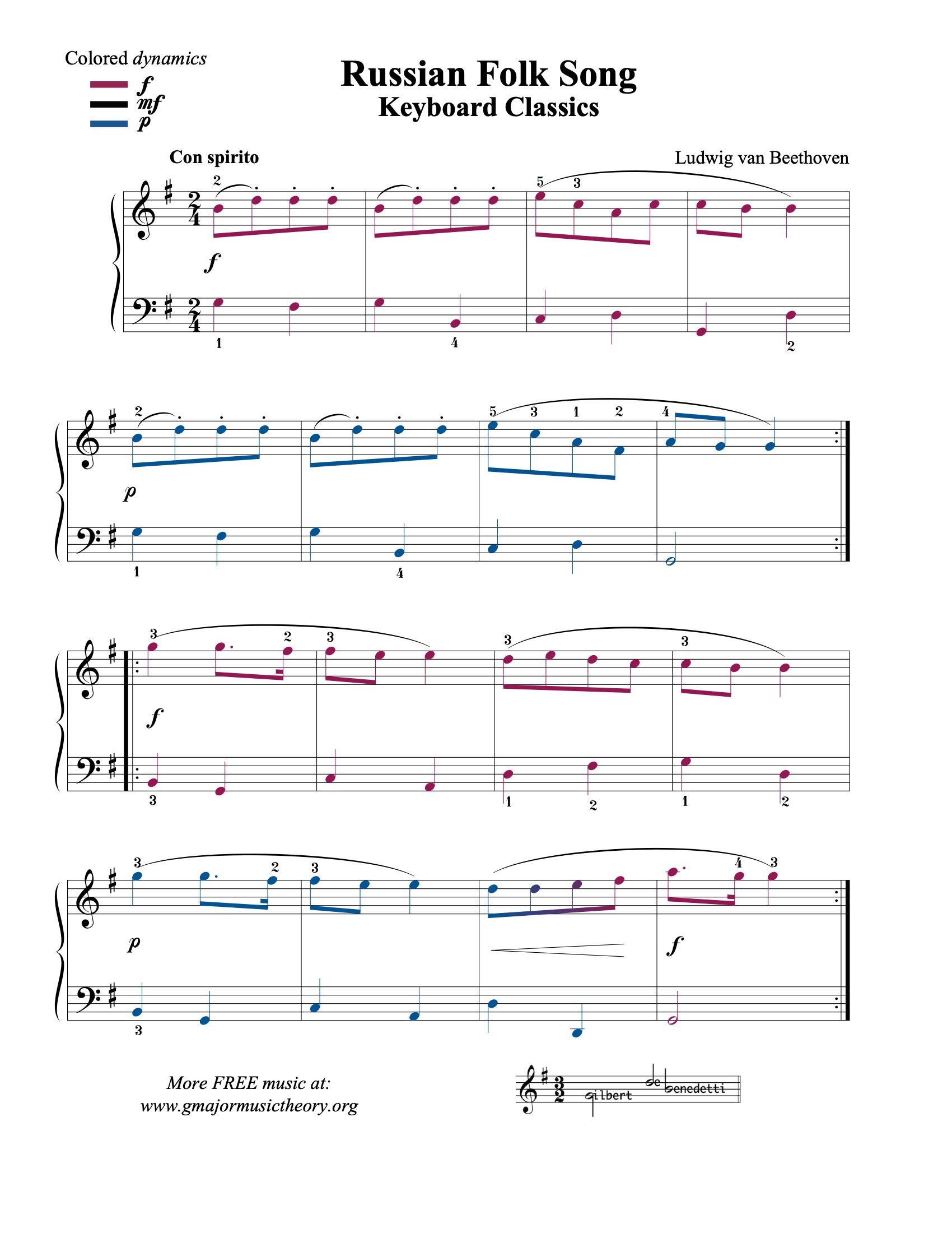 Russian Folk Song --by Beethoven sheet music (color-coded)