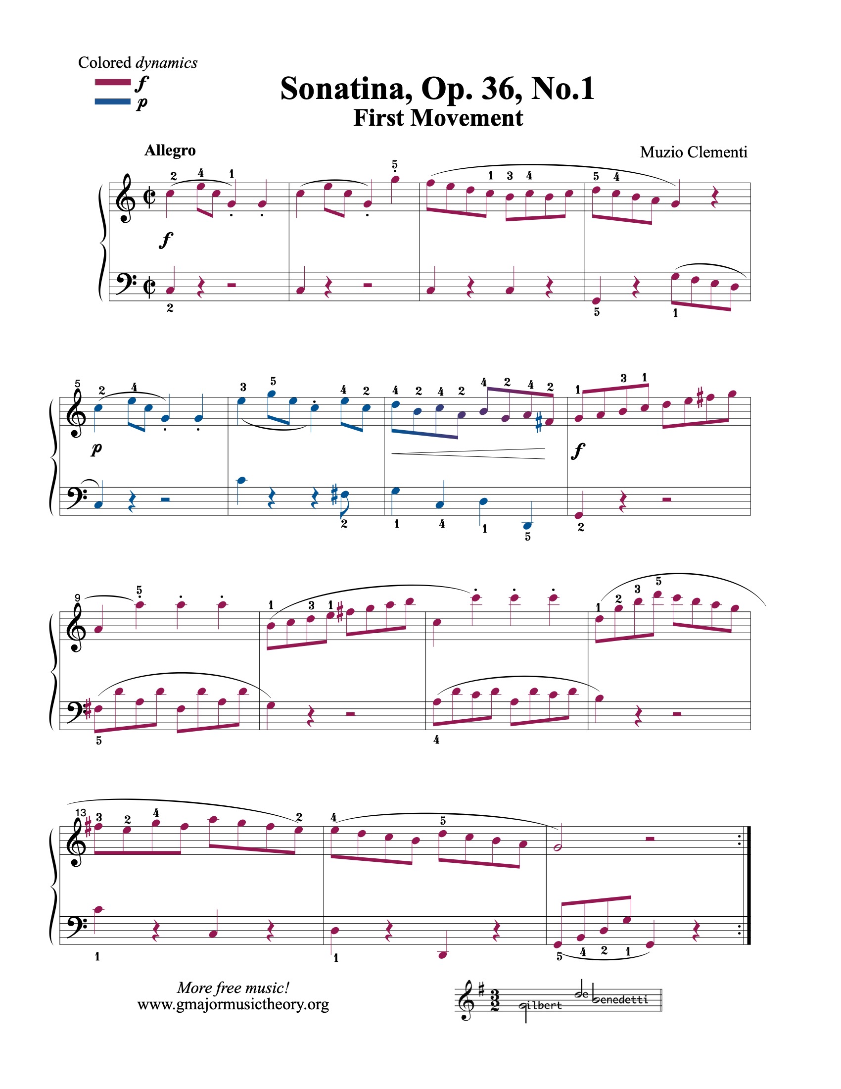 Sonatina Op. 36, No.1, First Movement --by Muzio Clementi. See also Intermediate Level 1. sheet music (color-coded)