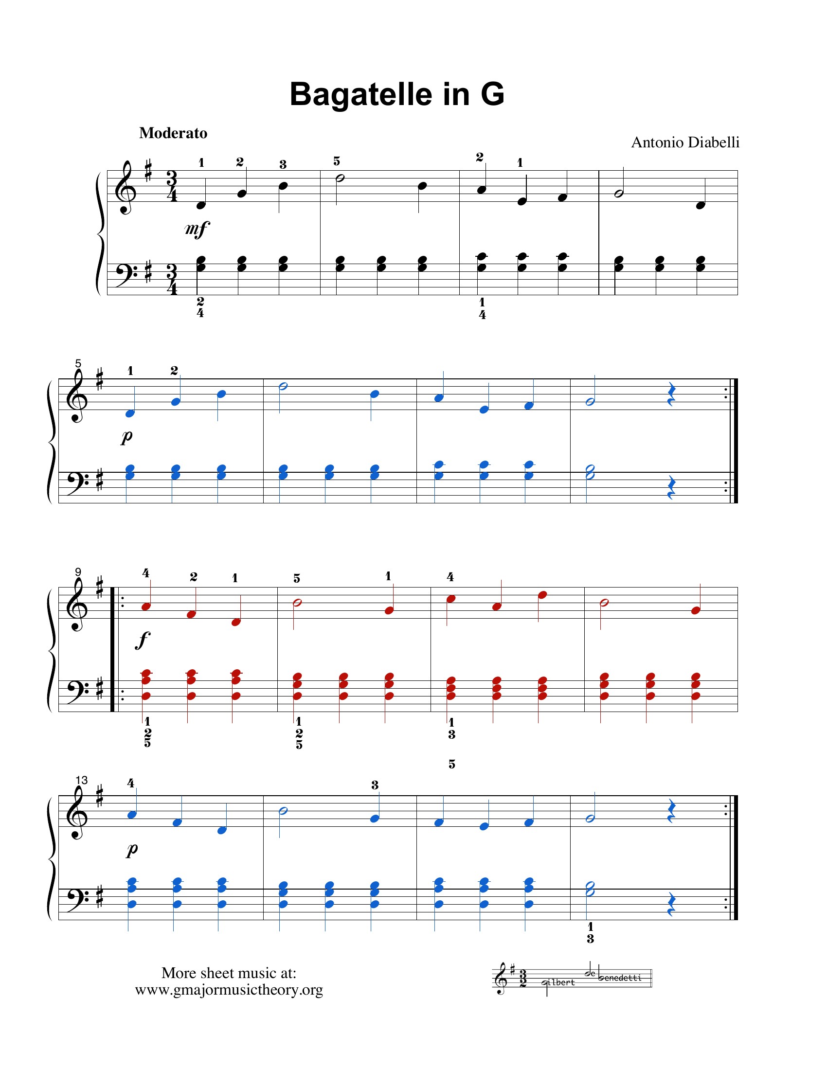 Bagatelle in G --by Diabelli sheet music (color-coded)