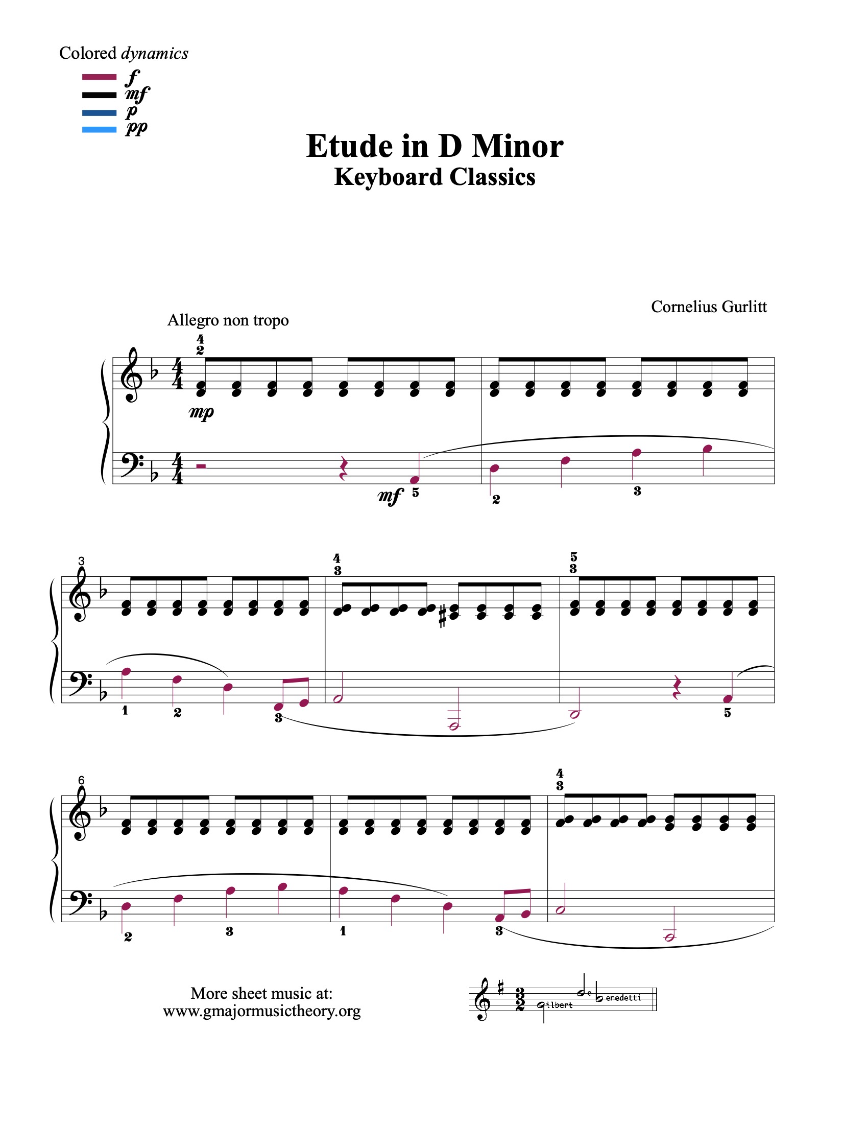 Etude in D Minor --by Gurlitt sheet music (color-coded)