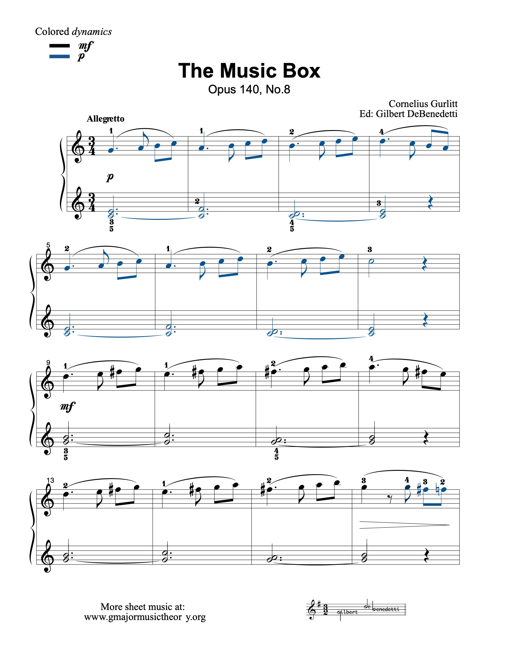 The Music Box --by Gurlitt sheet music (color-coded)