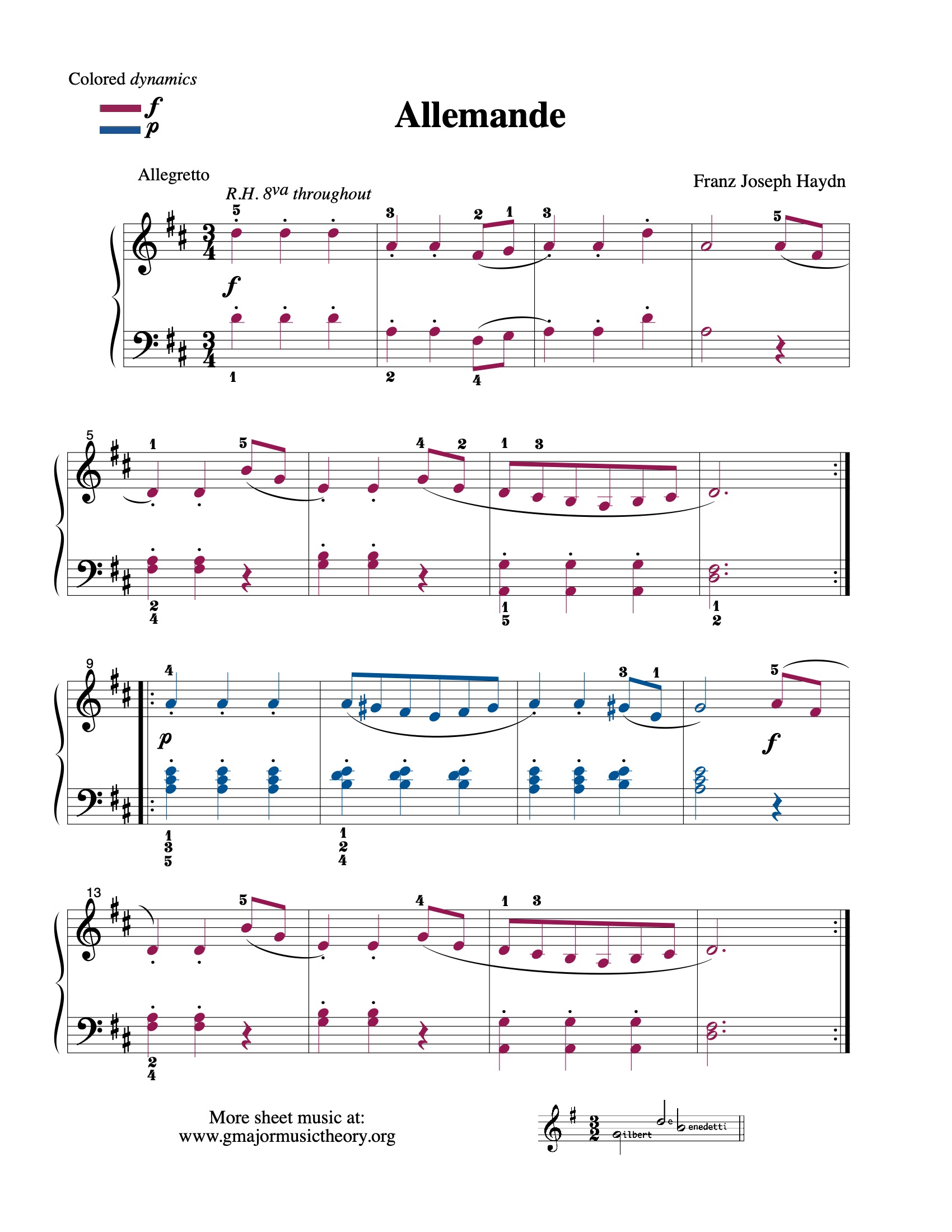 Allemande --by Haydn sheet music (color-coded)
