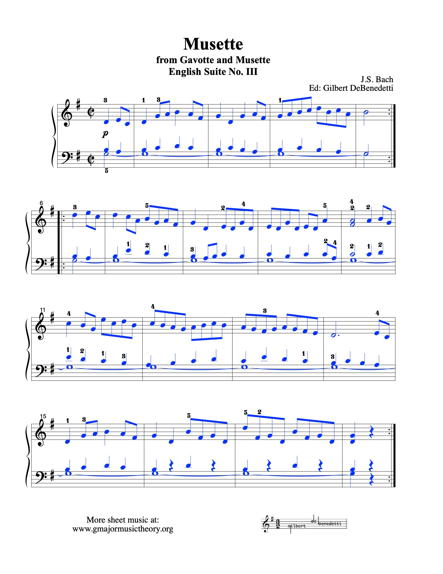 Musette, from the English Suite --by J.S. Bach sheet music (color-coded)