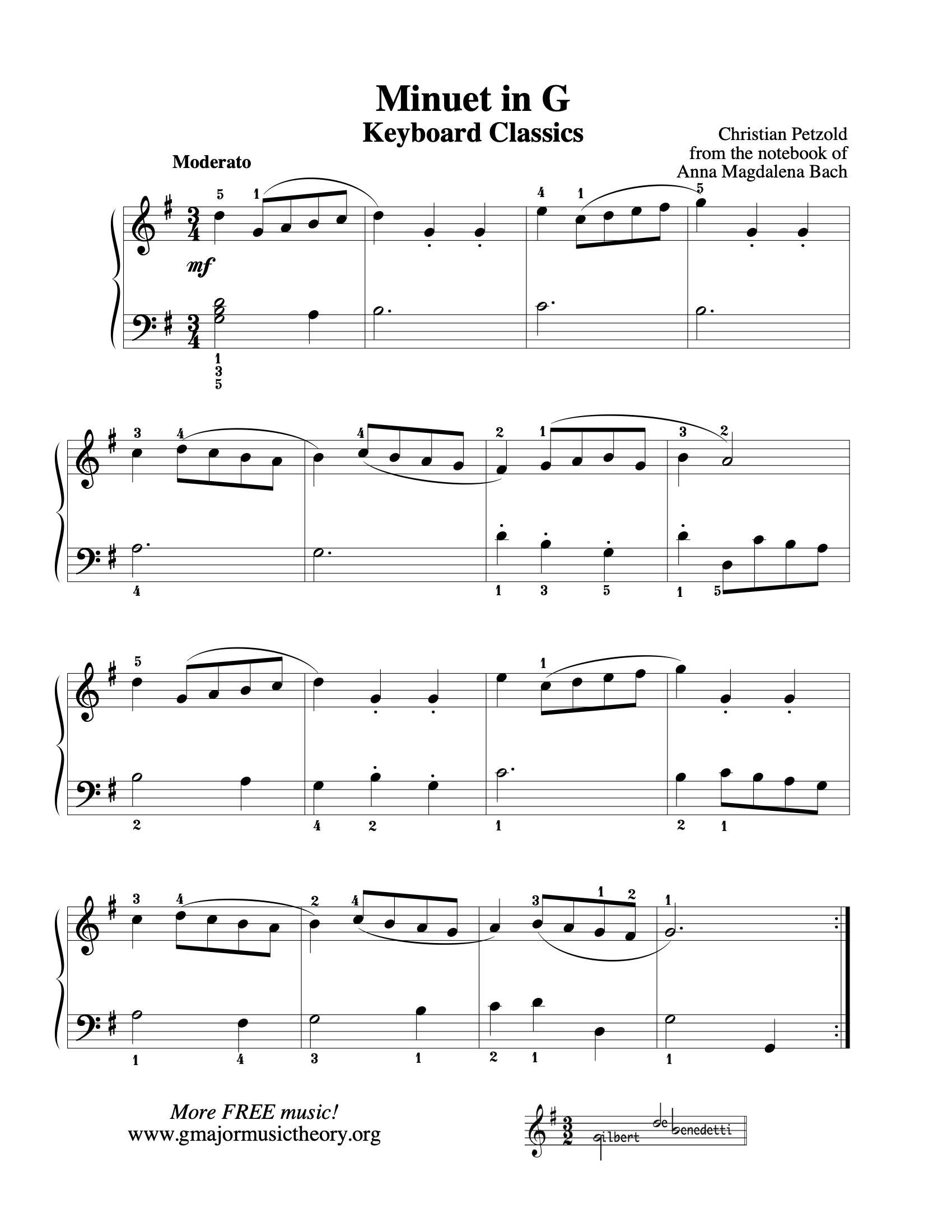 Minuet in G sheet music — page 1 (color-coded)