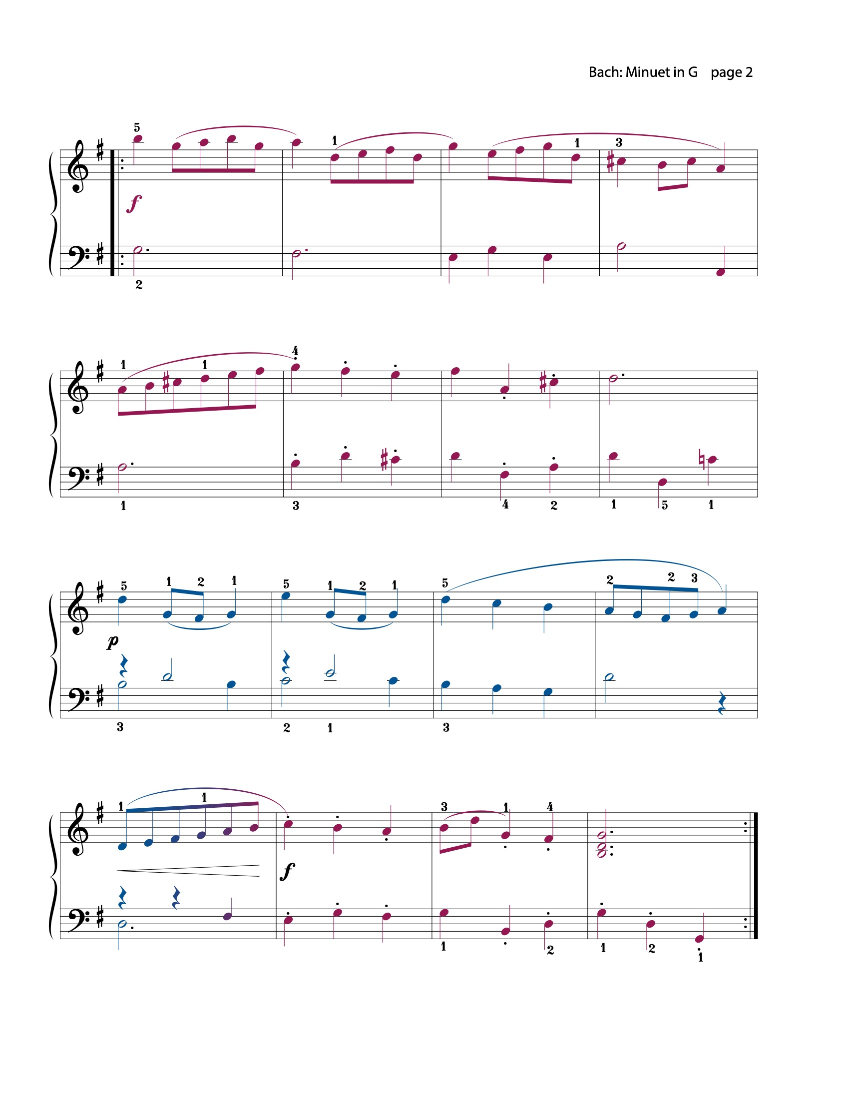Minuet in G sheet music — page 2 (color-coded)