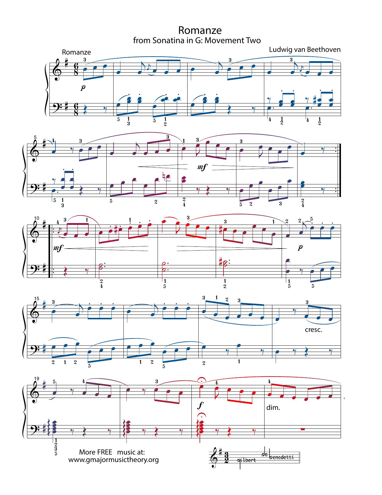 Romanze sheet music — page 1 (color-coded)