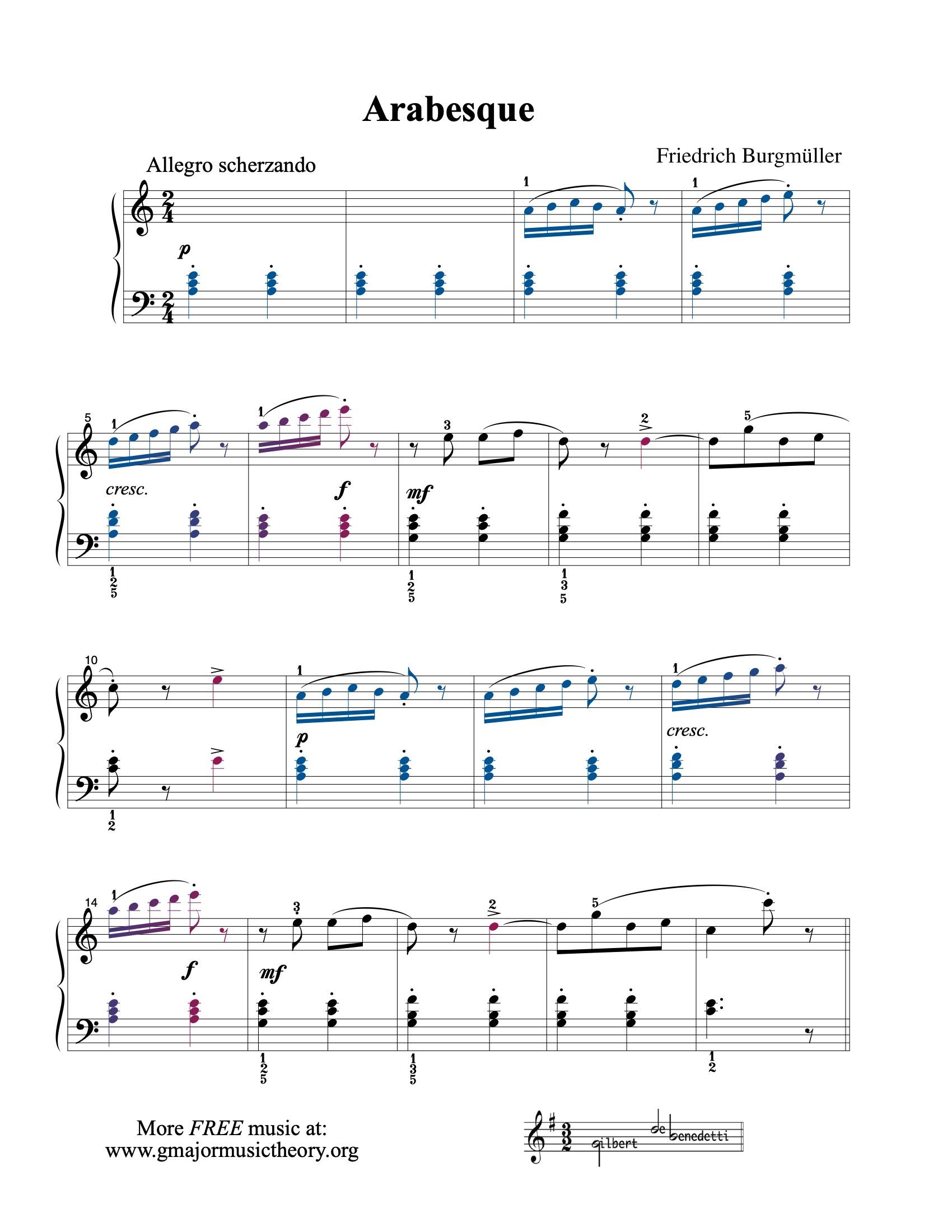 Arabesque sheet music — page 1 (color-coded)