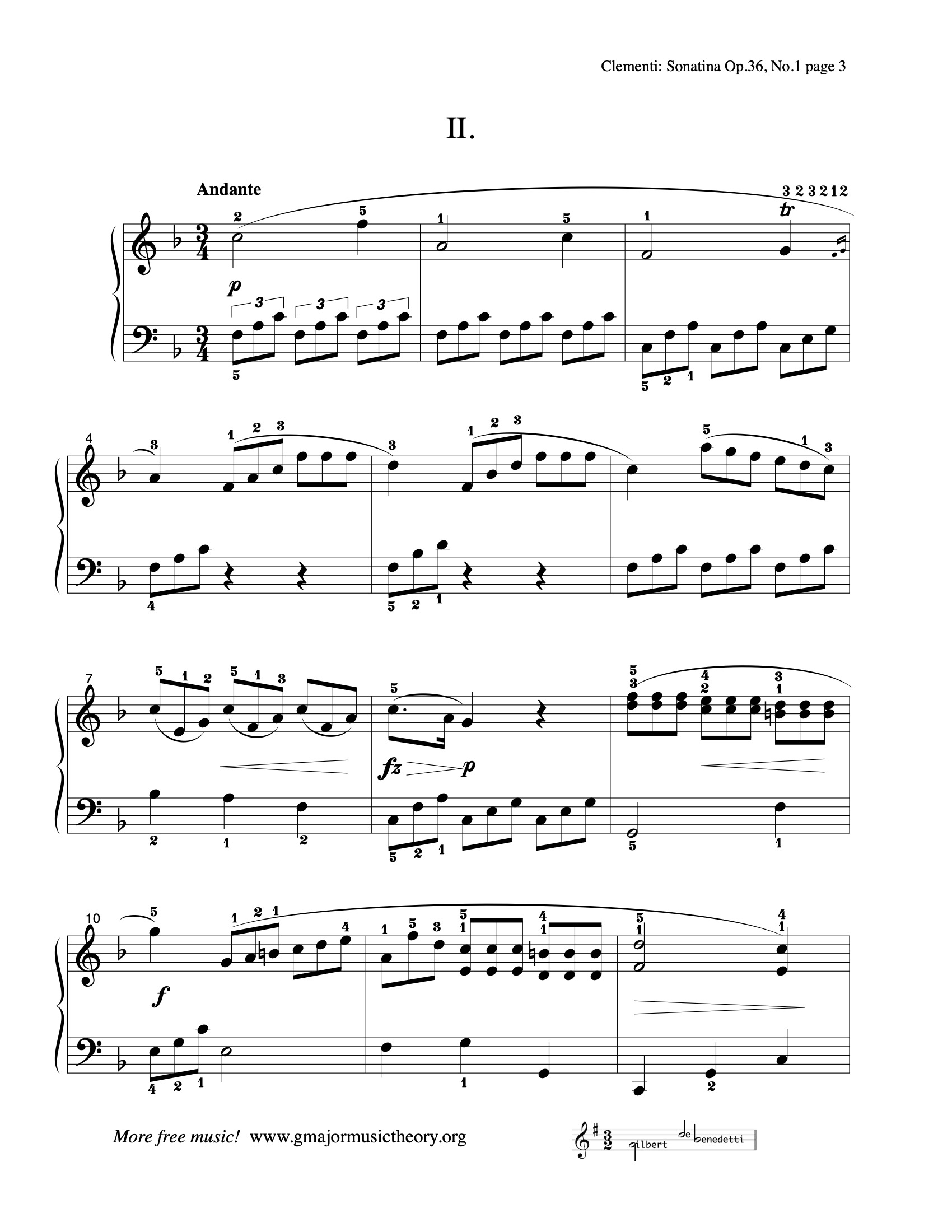 Sonatina Op. 36, No. 1 sheet music — Movement II (color-coded)