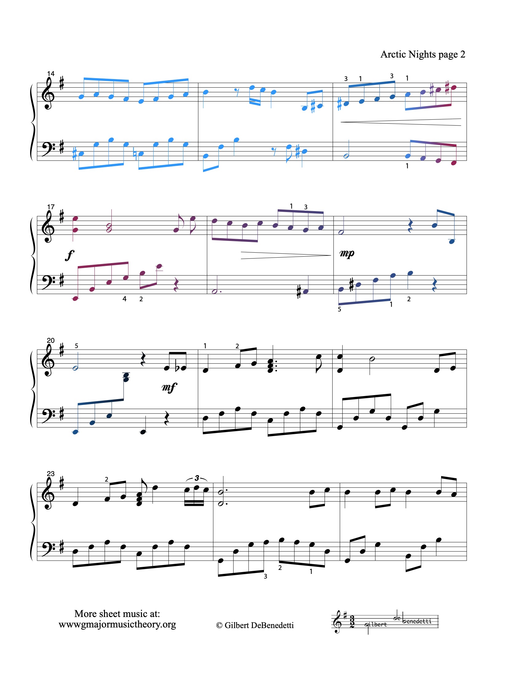 Arctic Nights sheet music — page 2 (color-coded)