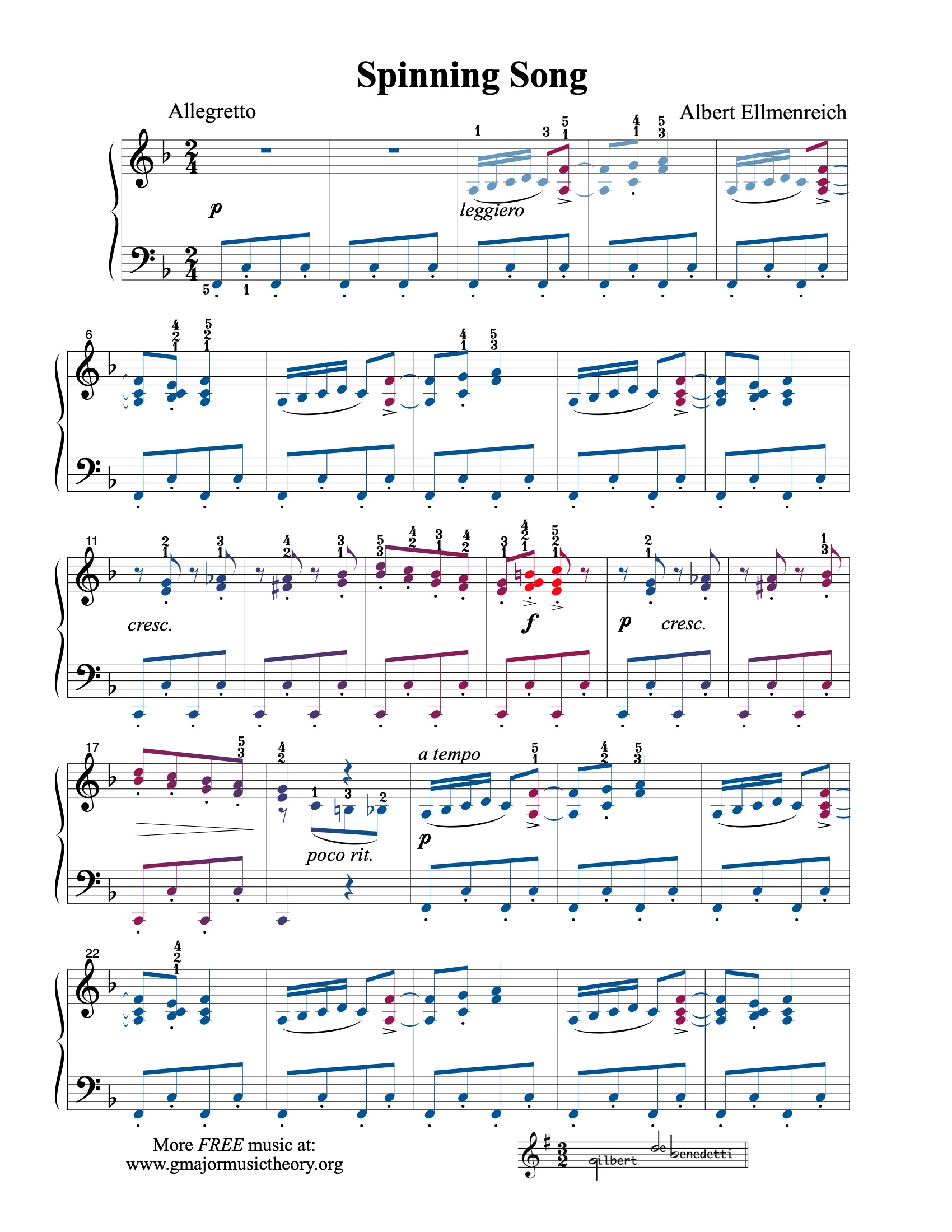 Spinning Song sheet music — page 1 (color-coded)