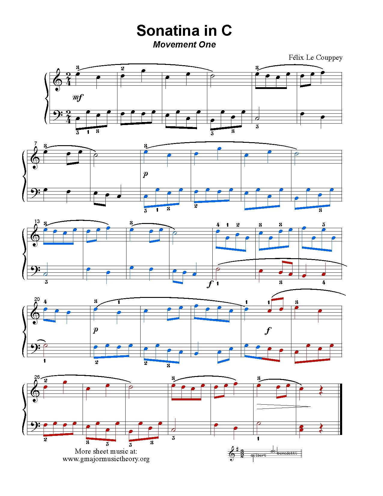 Sonatina in C sheet music (color-coded)