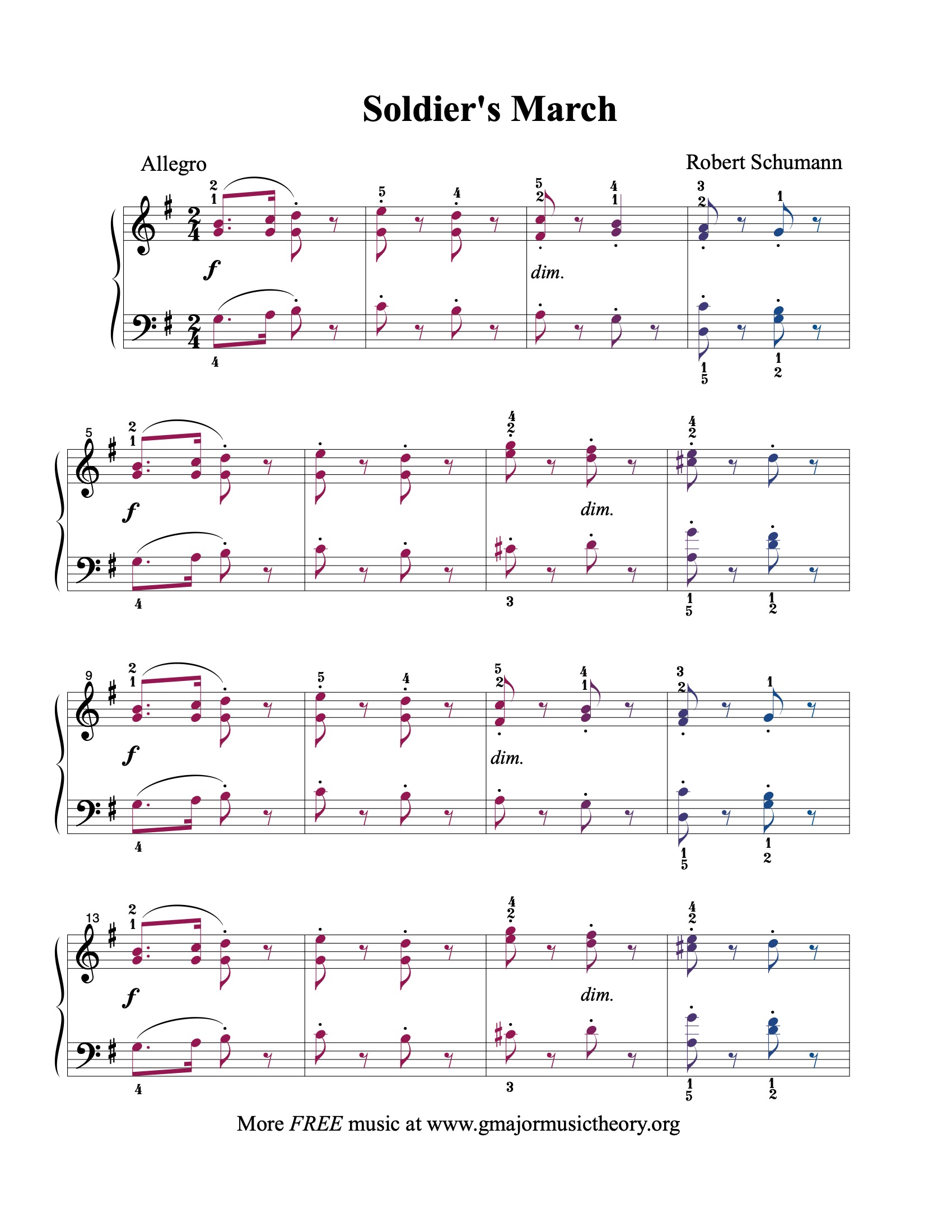 Soldier's March sheet music — page 1 (color-coded)