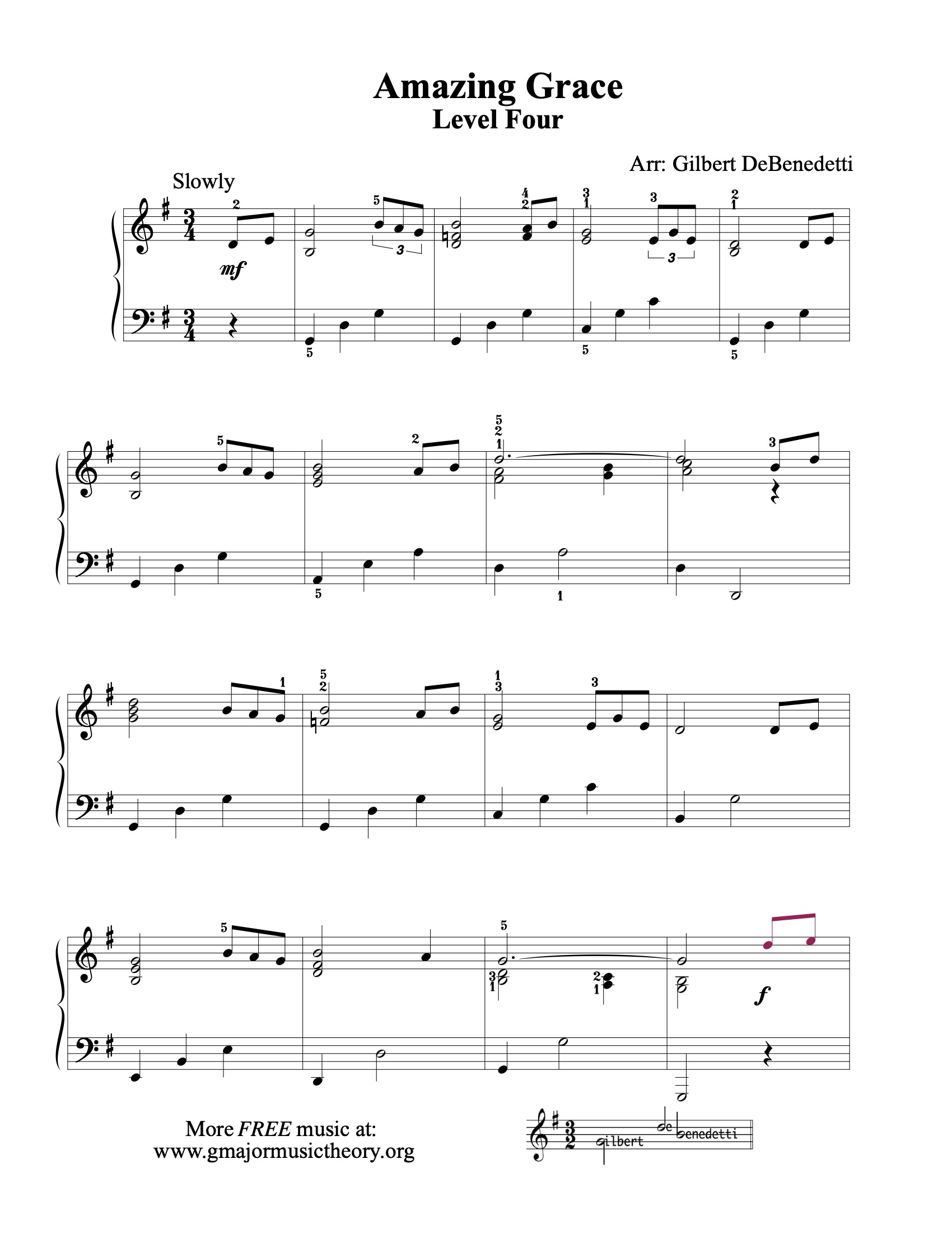 Amazing Grace sheet music (color-coded)