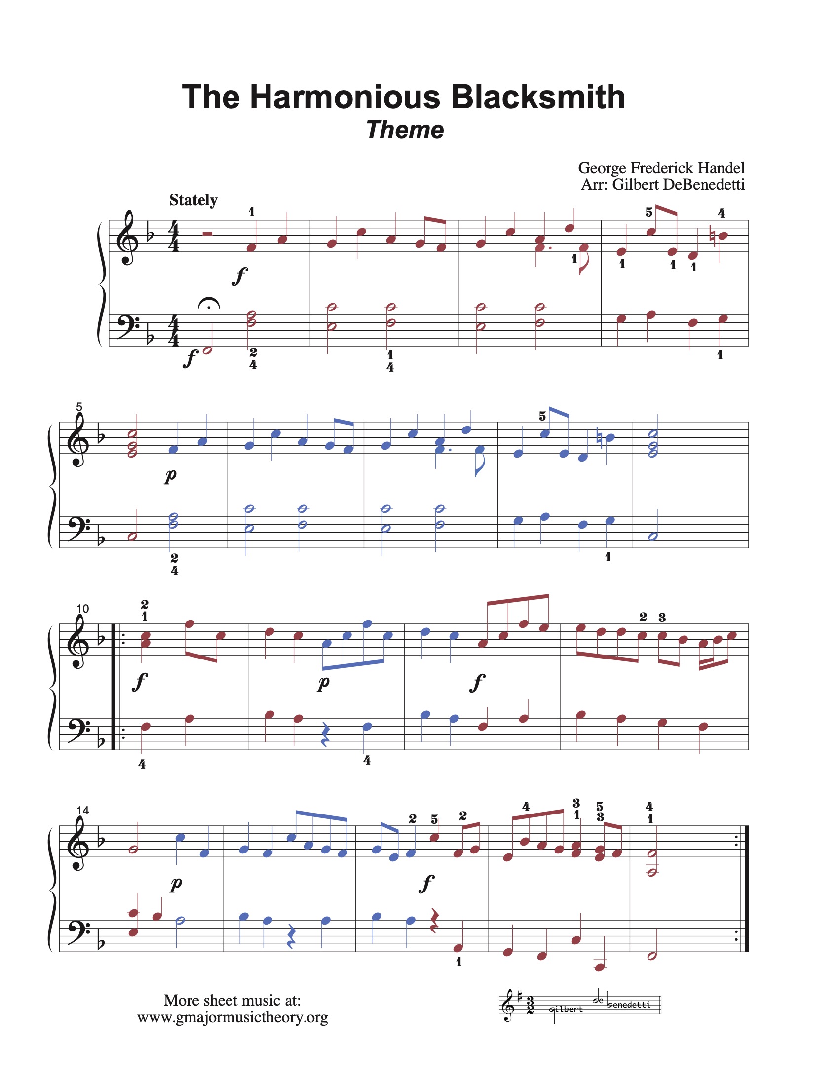 Harmonious Blacksmith, Theme--by G.F. Handel sheet music (color-coded)