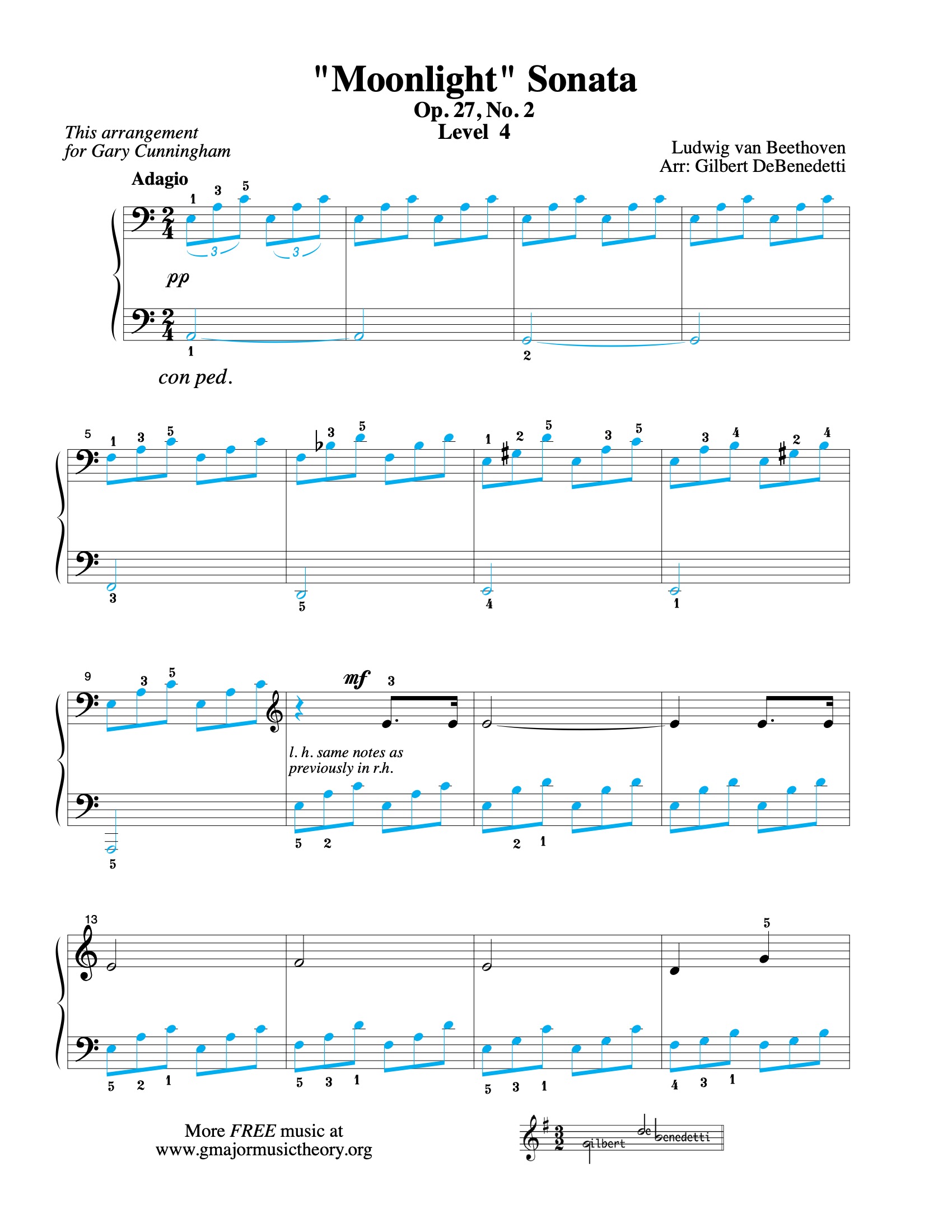 Moonlight Sonata (long version) --by Beethoven sheet music (color-coded)